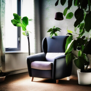 Fauteuil naast een raam omringd met planten